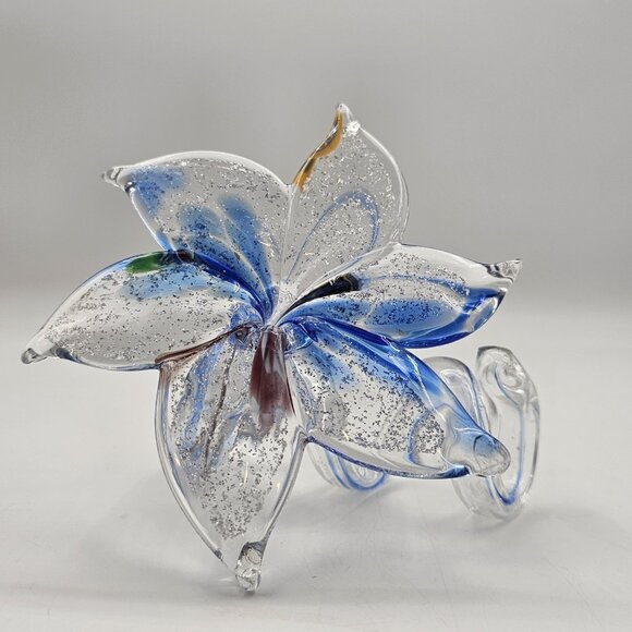 Murano Italy Hand Blown Glass Flower Sculpture Silver Blue Swirl Stem Art 4.75" - Picture 1 of 12